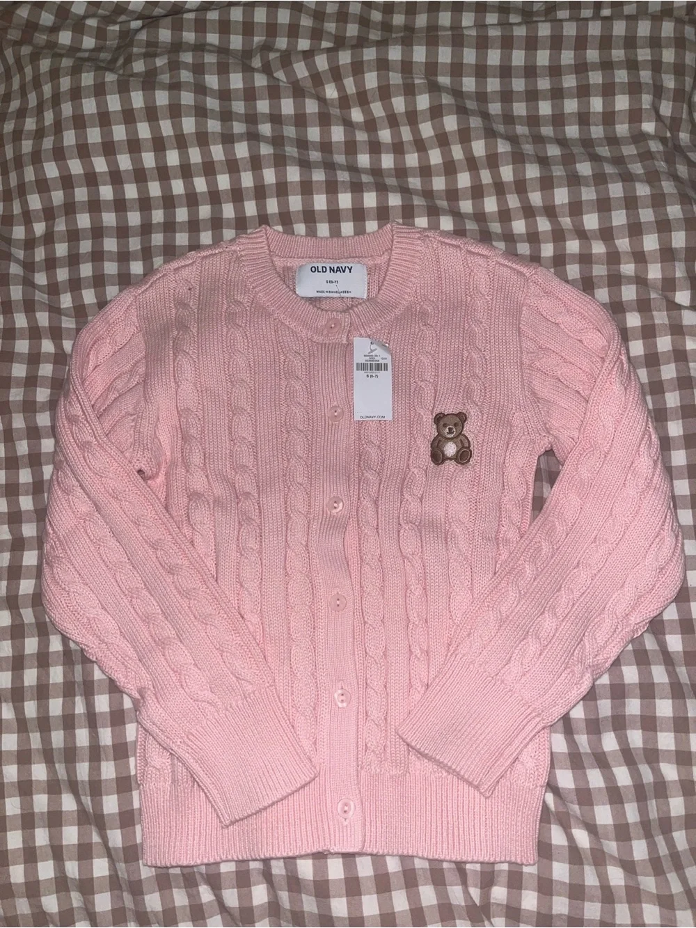Pink Cable Knit Crewneck Sweater with Embroidered Bear Girls size small